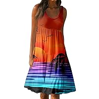 Summer Dresses for Women 2024 Sleeveless Round Neck Beach Dresses Swing Casual Loose Sundress Floral Print Tank Dress