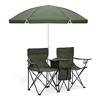 MoNiBloom Folding Double Seat Camping Chair with Removable Umbrella for Beach Outdoor Fishing Hiking Patio Portable Foldable Camp Chair for Adults, with Cup Holder Cooler Bag Carry Bag (Dark Green)