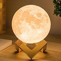 Mydethun 3D Moon Lamp with 4.7 Inch Wooden Base - Mothers Day Gift, LED Night Light, Mood Lighting with Touch Control Brightness for Home Décor, Bedroom, Women Kids Birthday Moonlight - White & Yellow