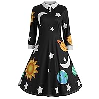 Women's Fall Dresses 2023 Vintage Collar Planet Print A-Line Flare Party Dress Flowery Dresses, S-5XL