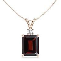 Natural Garnet Emerald Cut Pendant Necklace with Diamond for Women in Sterling Silver / 14K Solid Gold