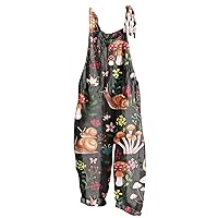 One Piece Jumpsuits for Women Adjustable Straps Mushroom Printed Sleeveless Loose Fit Wide Leg Rompers for Women