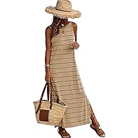 Women's Sundress Summer Striped Sleeveless Split Maxi Long Beach Dress