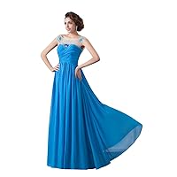 Blue Sheer Illusion Neckline Beaded Chiffon Prom Dress With Open Back