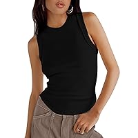 Womens 2024 Ribbed Tank Tops Summer Sleeveless High Neck Curved Hem Exposed Seam Slim Fitted Basic Shirts