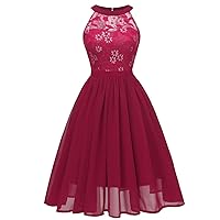 Womens Wedding Guest Dresses Halter Summer Sleeveless Fit & Flare Lace Short Solid Party Chiffon Cocktail Dress