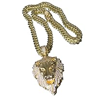Mens 14k Gold Finish 8mm Miami Cuban Link Chain Stone Lock Stainless Steel Choker Iced Out Lion Head Rappers Necklace Iced Cuban Chain for Men, Cuban Necklace (20