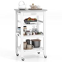 Small Kitchen Island Cart, 4-Tier Microwave Storage Rack with Stainless Steel Countertop, Metal Wire Basket & Serving Tray, Buffet Serving Cart with Wheels for Kitchen, Dining Room, White