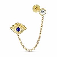 Unisex Genuine Tiny Yellow 10-14K Gold Spiritual Blue CZ Eyelash Protection Amulet Double Piercing Chain Evil Eye Stud Earrings Ear Lobe Cartilage For Women Teen