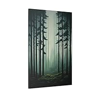 Moody Black Forest Canvas Art | Hunter Green Foggy Trees Artwork | Minimalist Landscape Painting Wall Art | Bohemian & Eclectic Decor 32″ x 48″