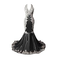 Lace Appliques Halter Mermaid Senior Prom Dress Sexy Backless Long Train Formal Evening Gown