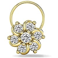 Round Cut D/VVS1 Diamond Beautiful Flower Design Nose Pin for Women's & Girl's 14K Yellow Gold Plated 925 Sterling Silver