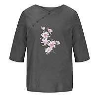 Women's Fashion Casual Floral Printed Linen Tops Round Neck Button Tops T Shirts T Neck Tops for Women