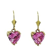 Created Pink Sapphires 9 Cts Heart Dangling Earrings 14k Yellow Gold