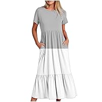 Casual Ruffle Hem A-Line Dresses Women Funny Contrast Beach Dress Summer Short Sleeve Flowy Long Dress with Pockets