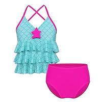 iiniim Big Girls Youth Two Piece Tie-Dye Tankini Swimsuit Bikini Bathing Suit Halter Top with Boyshort/Swim Briefs Ruffle Scales Blue 6