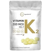 Micro Ingredients Vitamin K2 MK-7 Supplement, 200 mcg Per Serving, 300 Coconut Oil Softgles | Easily Absorbed, Active Menaquinone Form | Immune, Joint, & Heart Support | Non-GMO