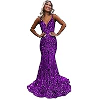 Sequin Mermaid Prom Dresses for Women V Neck Long Sparkly Open Back Formal Evening Party Dress