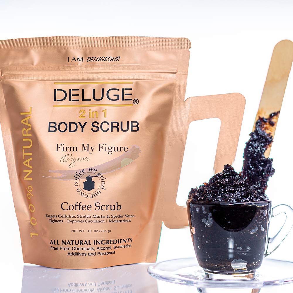 Deluge Coffee Scrub for Cellulite and Stretch Marks, Body Exfoliant and Hydrating Cellulite Treatment with Shea Butter, Coconut Oil and Dead Sea Salt Firms, Tones and Moisturizes Skin (10 oz)
