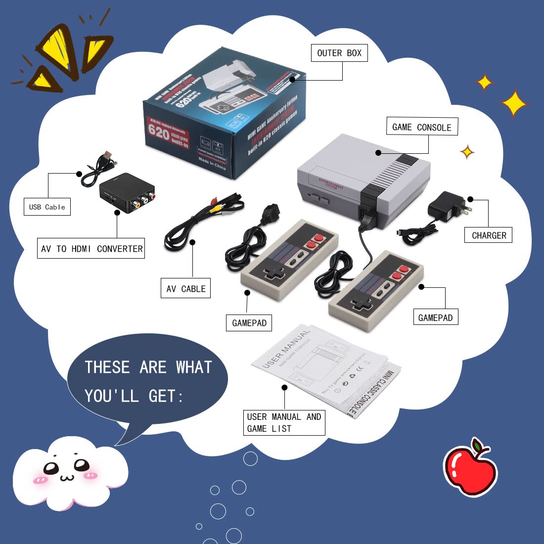Retro Video Game Console Preloaded Mini Game Anniversary Edition 620 Classic Games, AV/HDMI Converter, Old School Entertainment System, Mini Classic Game System, Gifts for Kids