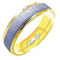 Women's Matte & Brushed 4MM & 6MM Flat Promise Ring Wedding Bands Titanium Ring Two Tone Color: Yellow Gold & Platinum Engraved I Love You