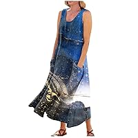 Summer Dresses for Women 2024 Casual Print Boho Sundress Crew Neck Sleeveless Pockets Beach Vacation Maxi Dresses