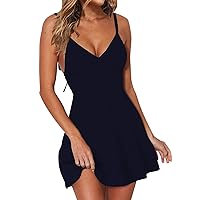 Women's Summer Dress Ladies Women's Long High Waist Tied Solid Color Round Neck Dress(Navy,XX-Large)