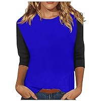 3/4 Length Sleeve Womens Tops Casual Color Block Round Neck Basic T-Shirts Blouse