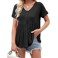 Women Summer Tops Babydoll Short Sleeve V Neck Button Up Shirts Casual Loose Fit Peplum Blouses