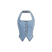 SHENHE Women's Denim Vest Halter Neck Button Up Denim Top Asymmetrical Backless Jean Vest Crop Top