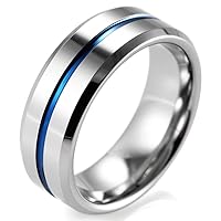 Men's 8mm Polished Beveled Tungsten Ring with Blue Groove