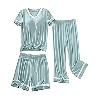 Women Modal Cotton Pajamas 3 Piece Set Comfy Loungewear Short Sleeve V Neck T-Shirts,Shorts and Pants Soft Sleepwear