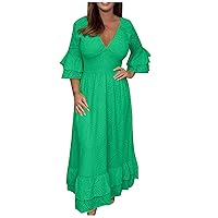 Plus Size Women Layered Ruffle Cotton Linen Hollow Dress Half Sleeve V Neck Smocked High Waist Fashion A-Line Dress