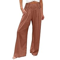 Travel Pants for Women,Summer Cotton Linen Wide Leg Pants Loose Palazzo Pant Pocket Elastic Waist Business Casual Trousers