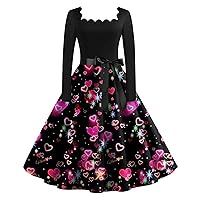 Valentines Day Dress for Women Long Sleeve Valentine's Day Print Dress Flare Party Casual Dresses