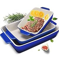 3Piece Casserole Dish Ceramic Baking Dish Rectangular Baking Dishes for Oven Ceramic Bakeware with Handles Durable Nonstick Large Lasagna Pan for Cooking, Baking, 10'' x 7'', Gradient DarkBlue