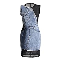 Women's Bodycon Denim Dress Sleeveless Asymmetrical Patchwork Mesh Backless Sexy Fashion Mini Dresses