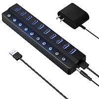 Powered USB Hub 3.0, 10-Port USB Splitter Hub with Individual On/Off Switches and 12V/2A Power Adapter USB Extension for MacBook, Mac Pro/Mini and More