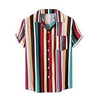 Men's Striped Button Down Shirts Casual Pocket Short Sleeve Hawaiian Summer Beach Shirt Regular Fit Bowling Shirt