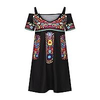 Womens Summer Dresses Sexy Low Cut V Neck Cold Shoulder Short Sleeve Floral Print Mexican Dress Casual Loose Flowy Mini Dress