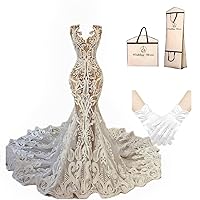 GREOENEL Amor Lace Mermaid Wedding Dresses with Cathedral Train Illusion Back Wedding Gowns with Gloves & Dress Bag W378