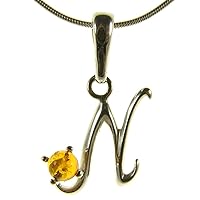 BALTIC AMBER AND STERLING SILVER 925 ALPHABET LETTER N PENDANT NECKLACE - 10 12 14 16 18 20 22 24 26 28 30 32 34 36 38 40