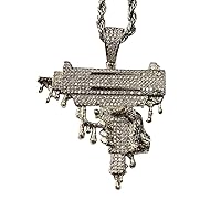 Custom DRIP GUN Men Women 925 Italy White Gold Finish Iced Silver Charm Ice Out Pendant Stainless Steel Real 3 mm Rope, Mans Jewelry, Iced Pendant, Rope Necklace 16