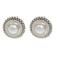 NOVICA Handmade Cultured Freshwater Pearl Button Earrings .925 Sterling Silver Mabe White Indonesia Bridal Birthstone [0.6 in L x 0.6 in W x 0.3 in D] 'Moonlight Halo'
