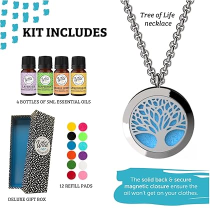 Wild Essentials Tree of Life Necklace Essential Oil Diffuser Kit With Lavender, Lemongrass, Peppermint, Orange Oils, 12 Refill Pads, Calming Aromatherapy Gift Set, Customizable Color Changing, Perfume