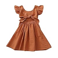 Kids Backless Girls' Dresses for Bow Tie Cotton Linen Playwear Fly Short Sleeve Ruffled Sleeve Solid Neutral Color Knee Playdress Dress Summer Casual Sundress Size 4-5 Years 4T 5T (030Orange, 120)