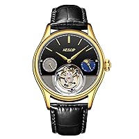 Aesop Men Mechanical Hand-Wind Real Tourbillon Skeleton Business Dress Moon Phase Wrist Watch Leather Band