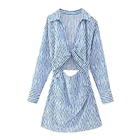 Women Vintage Front Knotted Cut Off Design Striped Print Mini Shirt Dress Female Chic Long Sleeve Linen Vestidos