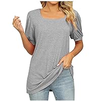 Square Neck Short Sleeve Tops for Women Lantern Sleeve Shirt Dressy Elegant Casual Summer Tshirts Tees 2024 Blouse