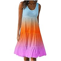Womens Knee Length Dress Summer Casual Dress Gradient Sleeveless Crewneck Swing Sundress Flowy Tiered Loose Beach Dresses